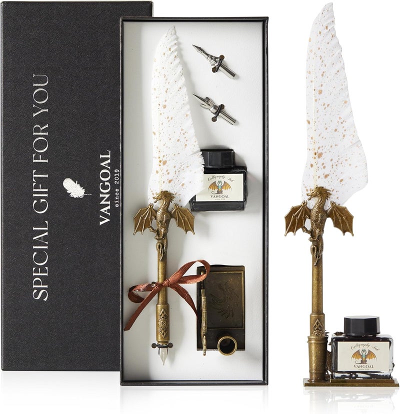 VANGOAL Dragon Quill Pen and Ink Set, Vintage Dragon Feather with Novelty Pen Base, Retro Carving Dip Pen Calligraphy Gift Set for Writing, Drawing, Desktop Decoration (White) - Image 1